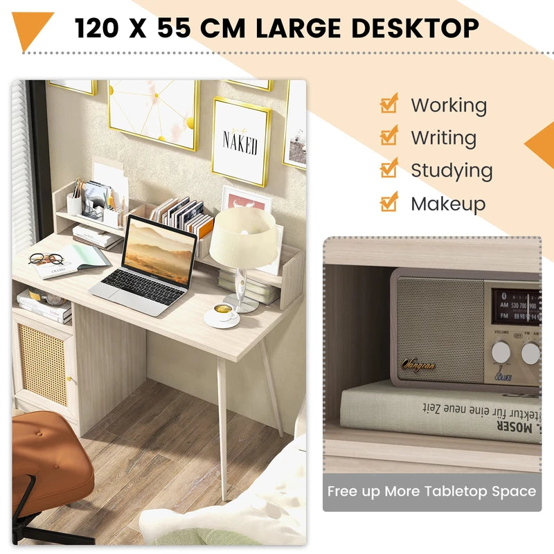 48 Inch Computer Desk with Hutch and PE Rattan Cabinet Shelves-Oak