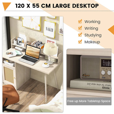 48 Inch Computer Desk with Hutch and PE Rattan Cabinet Shelves-Oak