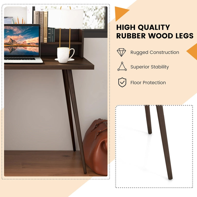 48 Inch Computer Desk with Hutch and PE Rattan Cabinet Shelves-Walnut