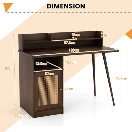 48 Inch Computer Desk with Hutch and PE Rattan Cabinet Shelves-Walnut