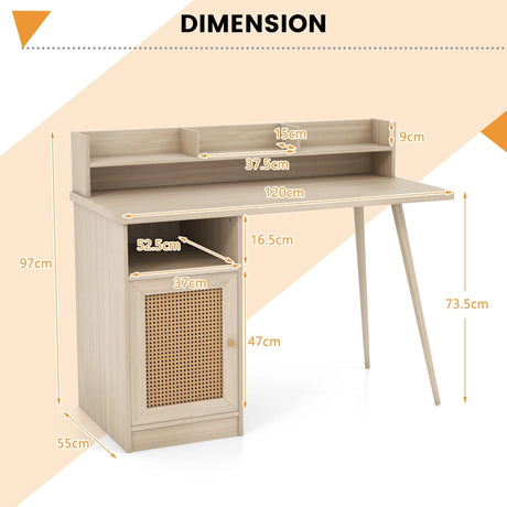 48 Inch Computer Desk with Hutch and PE Rattan Cabinet Shelves-Oak