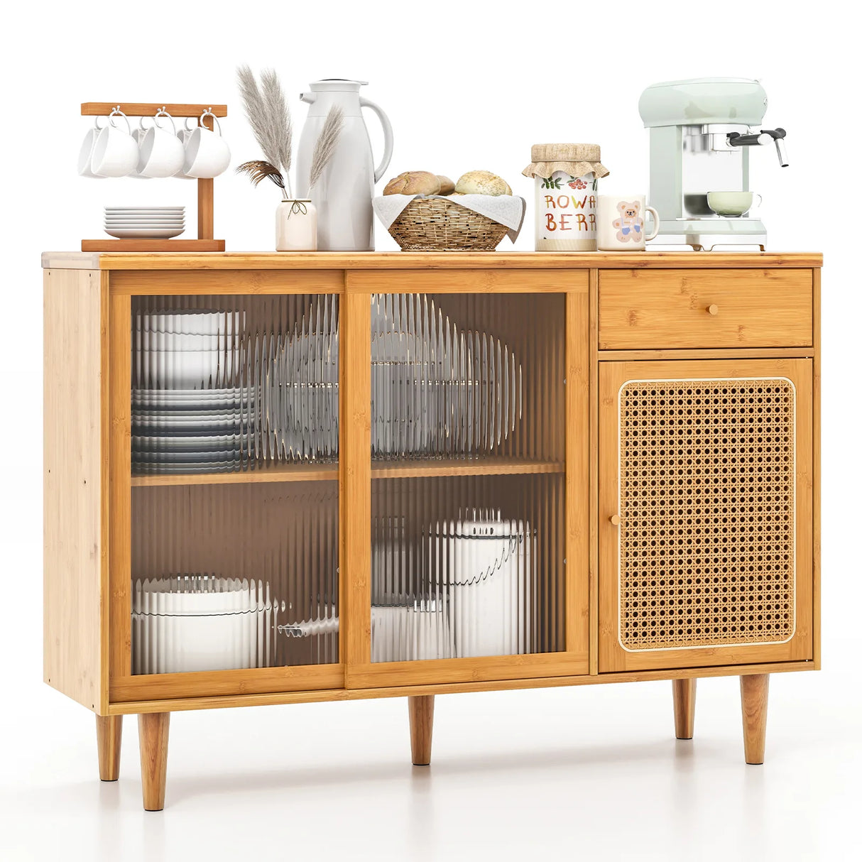 Modern Bamboo Buffet Sideboard Cabinet with Tempered Glass Sliding Doors-Natural