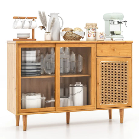 Modern Bamboo Buffet Sideboard Cabinet with Tempered Glass Sliding Doors-Natural