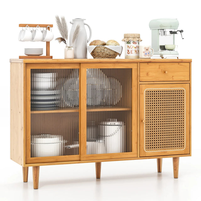 Modern Bamboo Buffet Sideboard Cabinet with Tempered Glass Sliding Doors-Natural