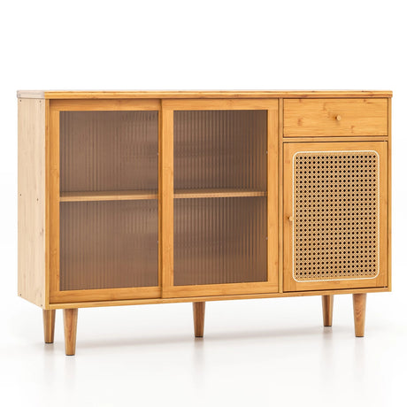 Modern Bamboo Buffet Sideboard Cabinet with Tempered Glass Sliding Doors-Natural