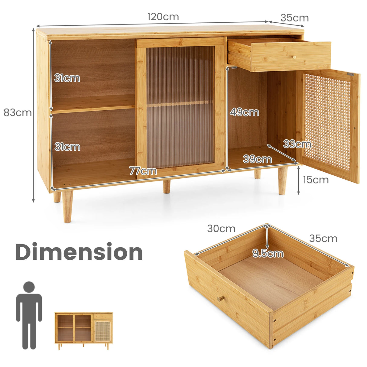 Modern Bamboo Buffet Sideboard Cabinet with Tempered Glass Sliding Doors-Natural