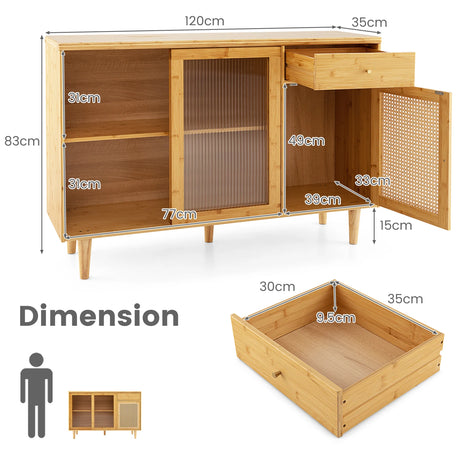 Modern Bamboo Buffet Sideboard Cabinet with Tempered Glass Sliding Doors-Natural