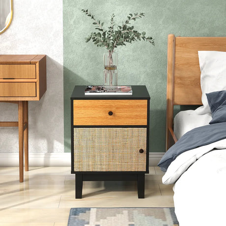 Boho Rattan Nightstand Bedside Table with Solid Wood Legs-Black
