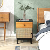Boho Rattan Nightstand Bedside Table with Solid Wood Legs-Black