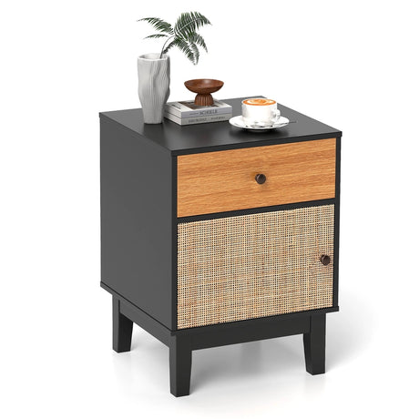 Boho Rattan Nightstand Bedside Table with Solid Wood Legs-Black