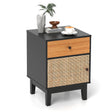 Boho Rattan Nightstand Bedside Table with Solid Wood Legs-Black