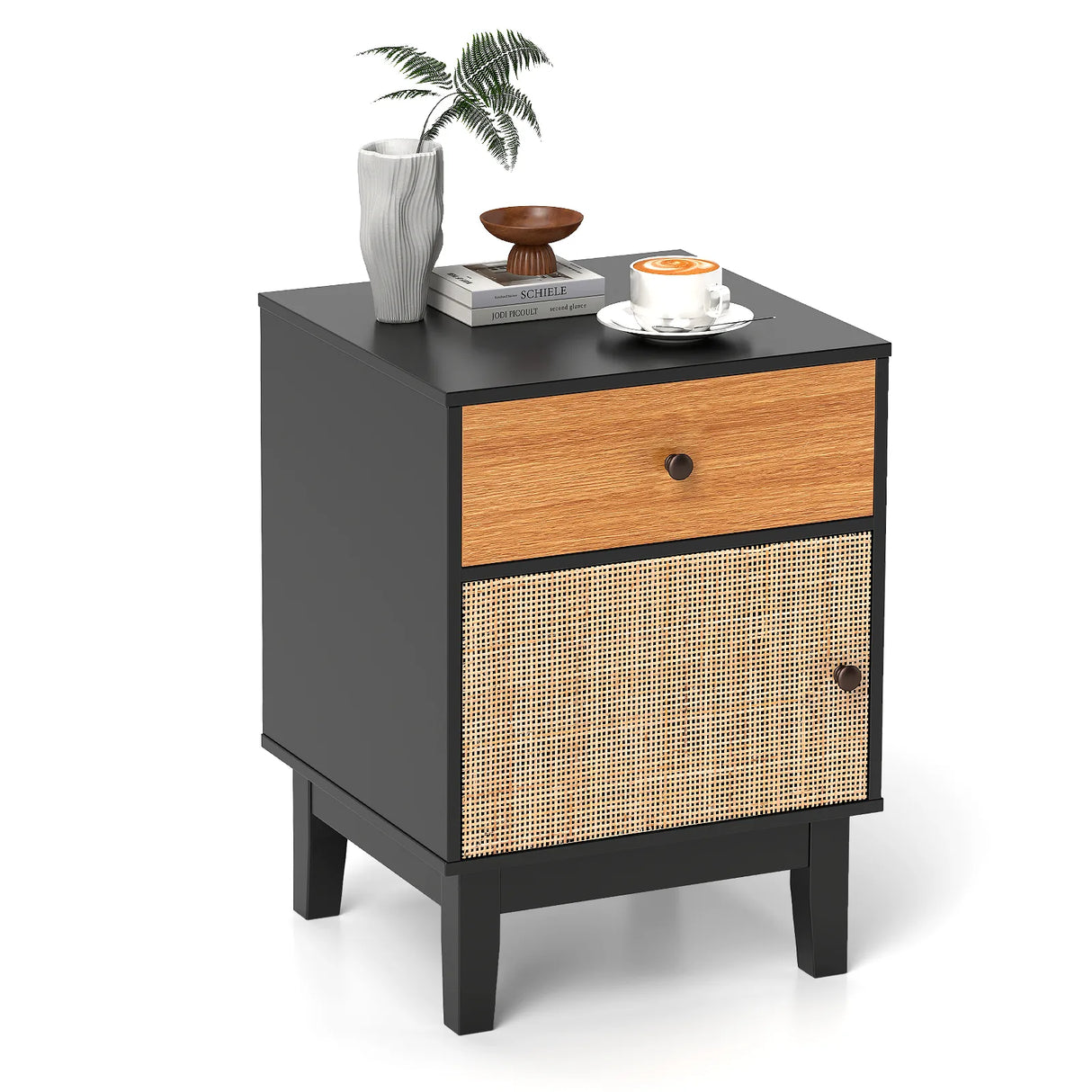 Boho Rattan Nightstand Bedside Table with Solid Wood Legs-Black