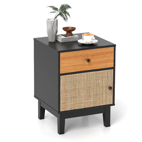 Boho Rattan Nightstand Bedside Table with Solid Wood Legs-Black