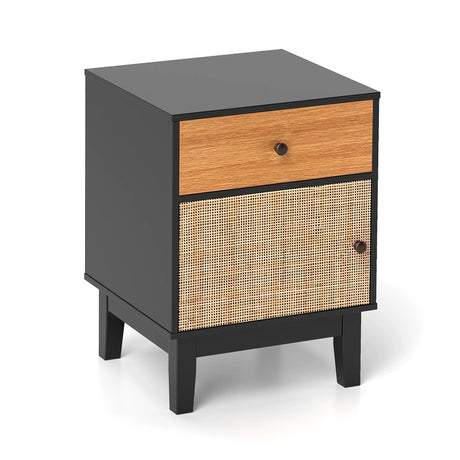 Boho Rattan Nightstand Bedside Table with Solid Wood Legs-Black