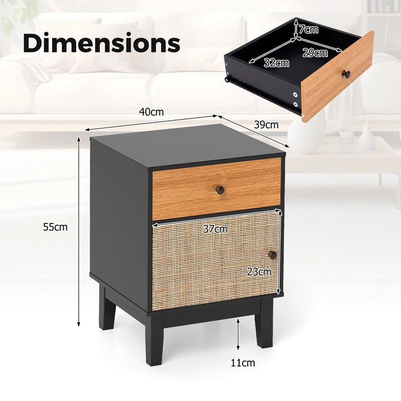 Boho Rattan Nightstand Bedside Table with Solid Wood Legs-Black