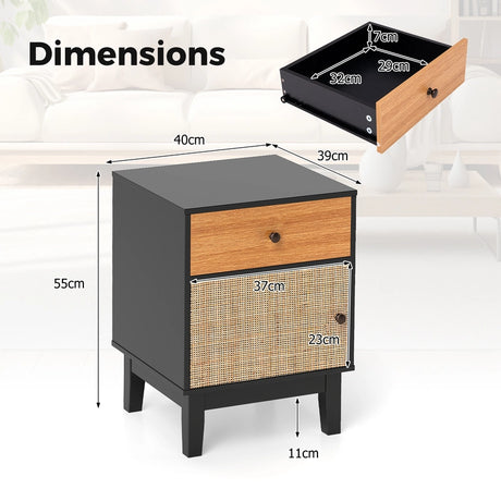 Boho Rattan Nightstand Bedside Table with Solid Wood Legs-Black