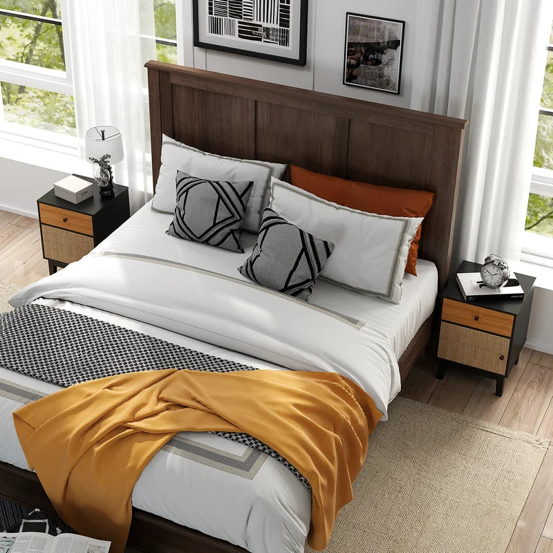 Boho Rattan Nightstand Bedside Table with Solid Wood Legs-Black