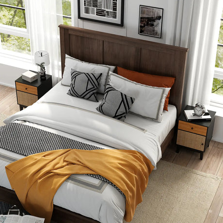 Boho Rattan Nightstand Bedside Table with Solid Wood Legs-Black