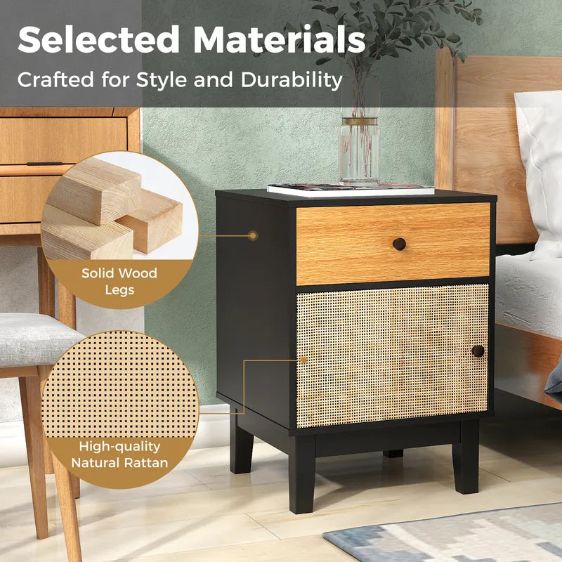 Boho Rattan Nightstand Bedside Table with Solid Wood Legs-Black