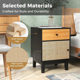 Boho Rattan Nightstand Bedside Table with Solid Wood Legs-Black