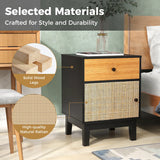 Boho Rattan Nightstand Bedside Table with Solid Wood Legs-Black