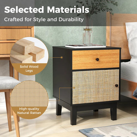 Boho Rattan Nightstand Bedside Table with Solid Wood Legs-Black
