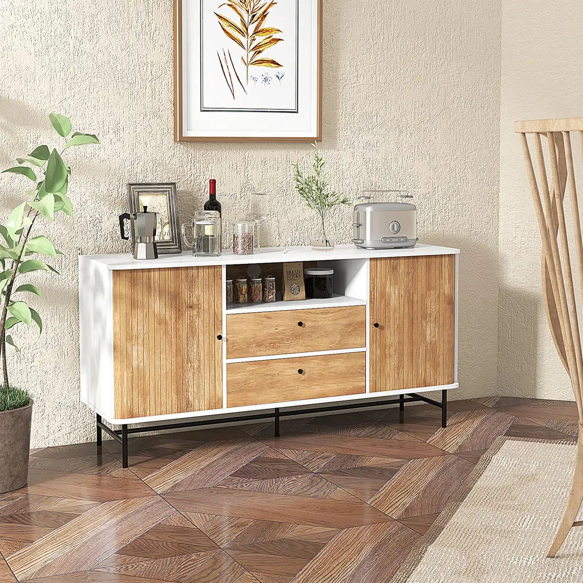Mid Century Modern Buffet Sideboard Coffee Bar Station-White