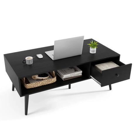 109cm Rectangular Coffee Table with Drawer and Storage Shelf-Black