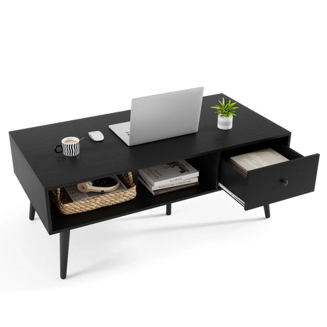 109cm Rectangular Coffee Table with Drawer and Storage Shelf-Black