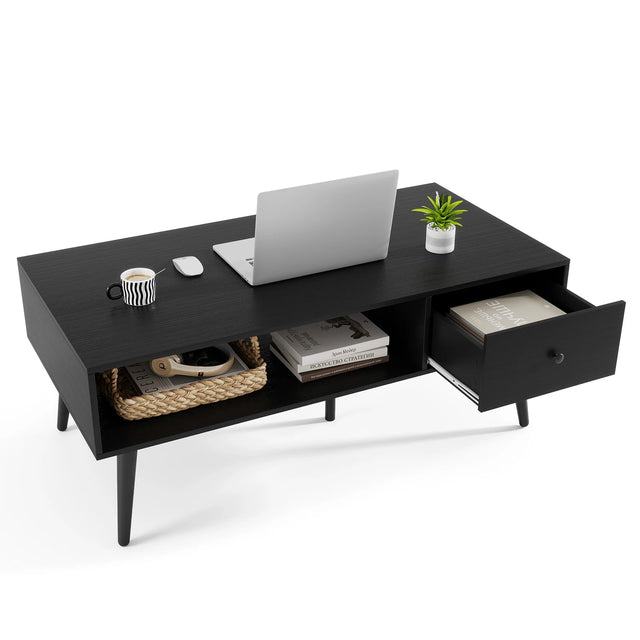 109cm Rectangular Coffee Table with Drawer and Storage Shelf-Black