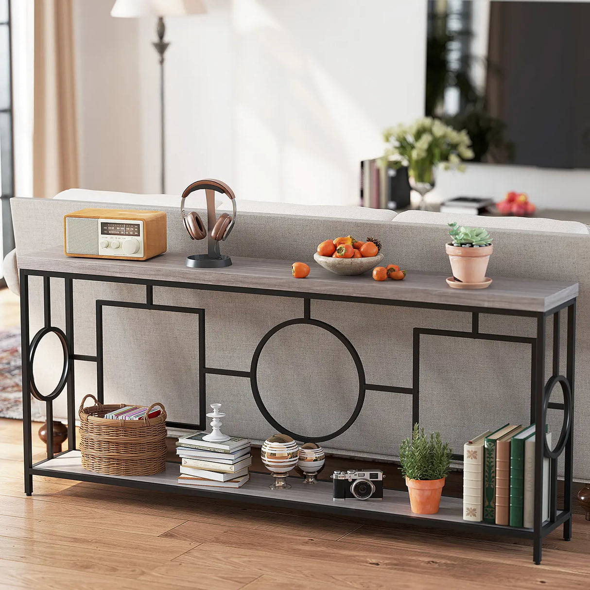 Rustic Accent Narrow 2-Tier Mid-Century Modern Console Table-Rustic Brown