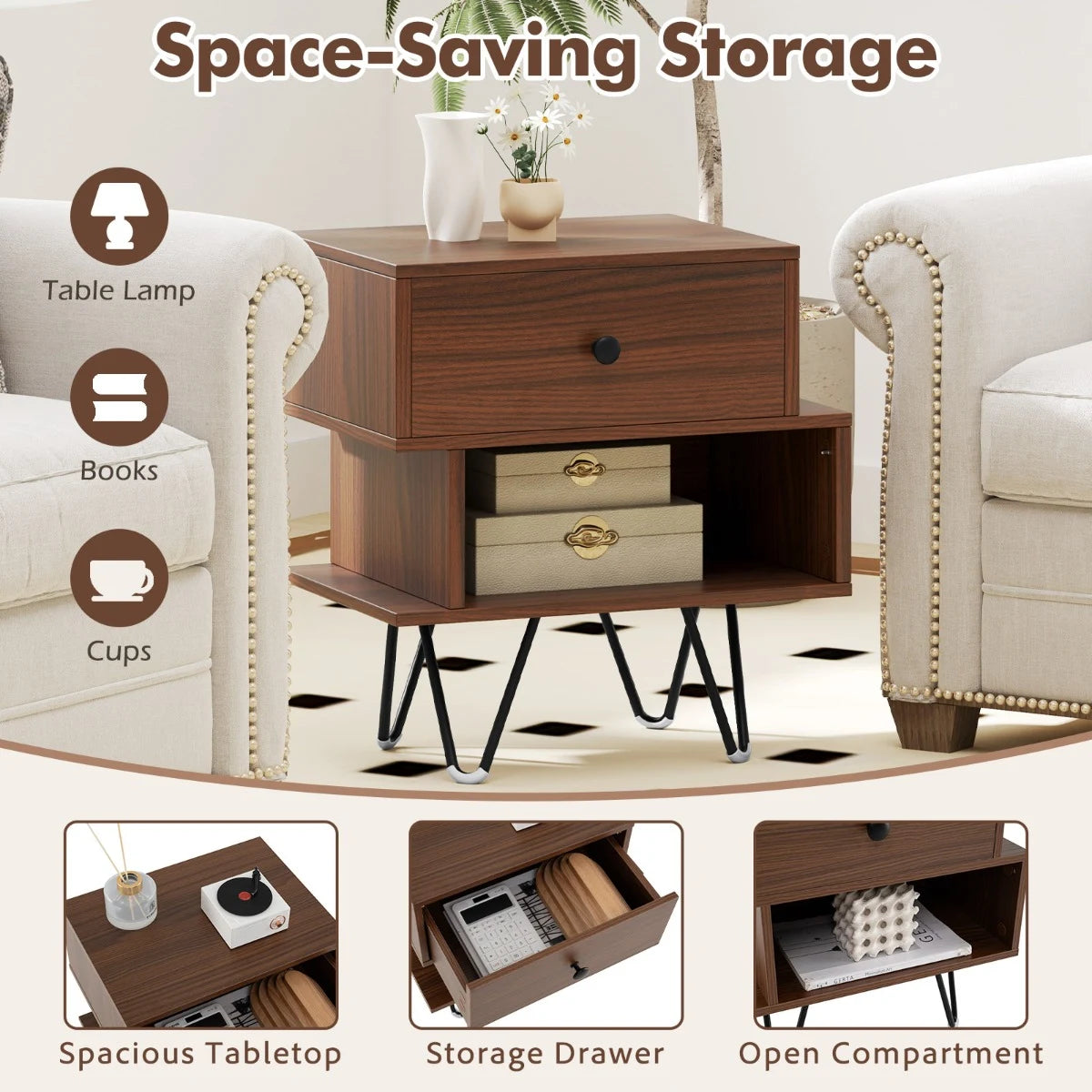 Mid Century Modern End Tables Set of 2 with Removable Drawer-Walnut