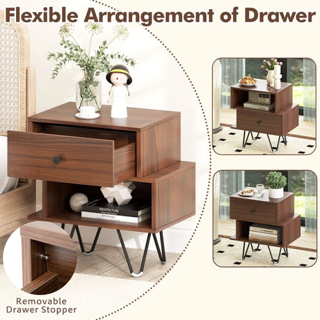 Mid Century Modern End Tables Set of 2 with Removable Drawer-Walnut