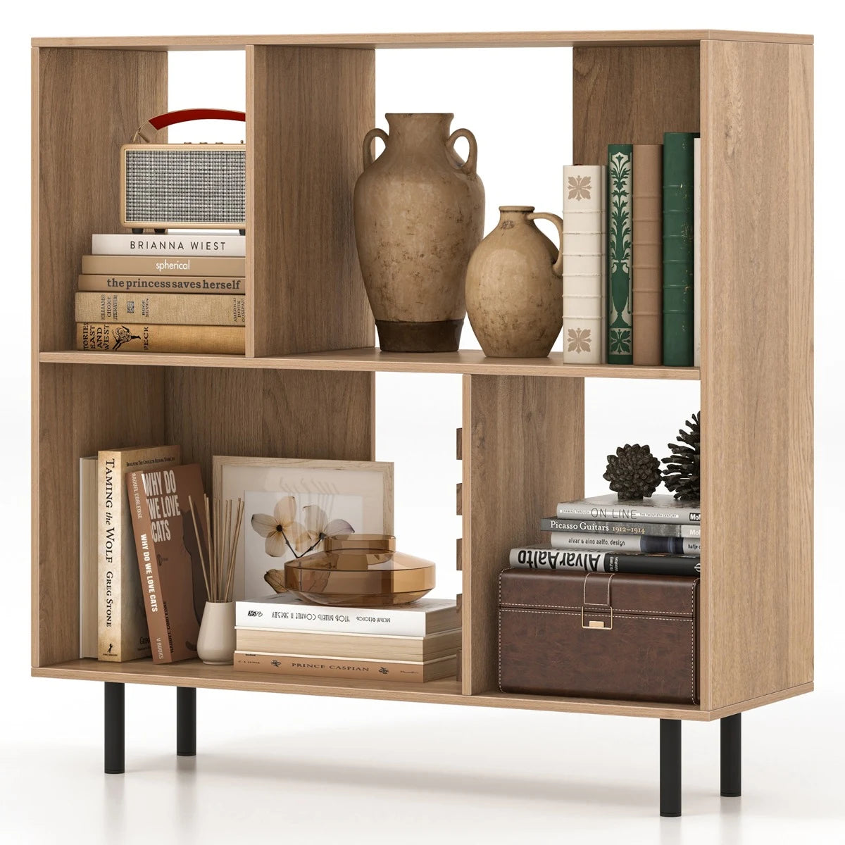 Open Shelf Bookcase with 4 Compartments for Living Room Bedroom-Natural