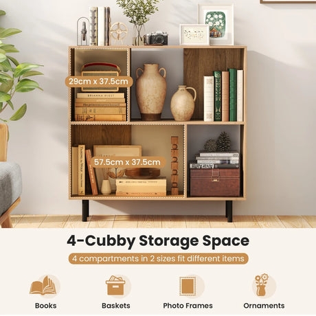Open Shelf Bookcase with 4 Compartments for Living Room Bedroom-Natural