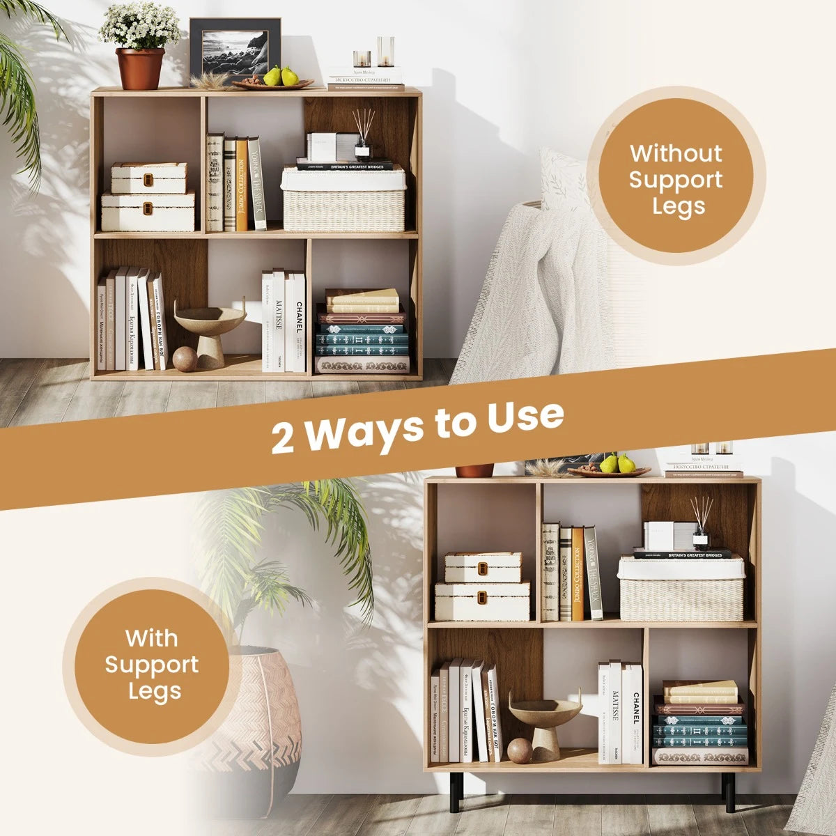 Open Shelf Bookcase with 4 Compartments for Living Room Bedroom-Natural