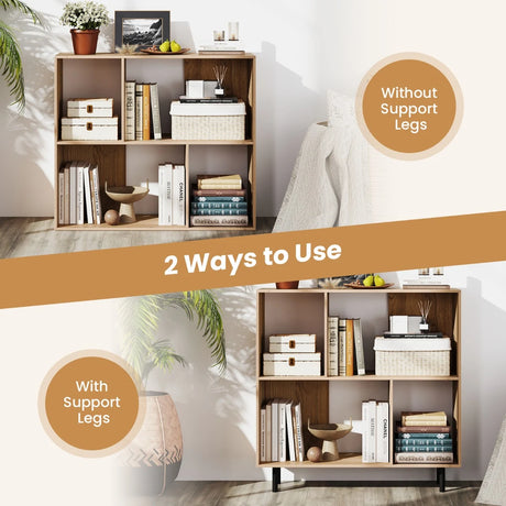 Open Shelf Bookcase with 4 Compartments for Living Room Bedroom-Natural