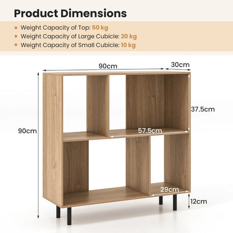 Open Shelf Bookcase with 4 Compartments for Living Room Bedroom-Natural