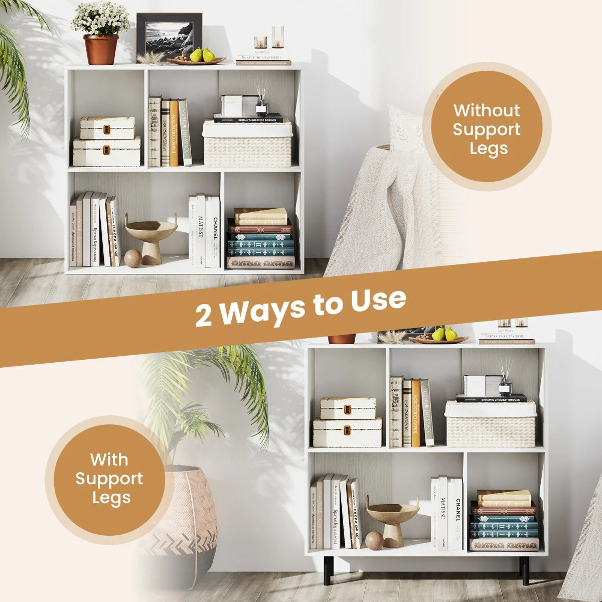 Open Shelf Bookcase with 4 Compartments for Living Room Bedroom-White