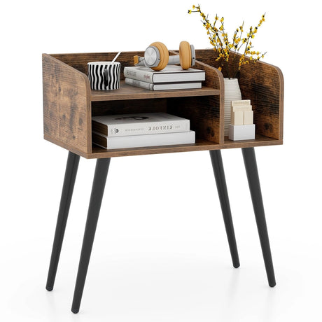 Mid Century Modern Nightstand  with Open Shelves-Brown