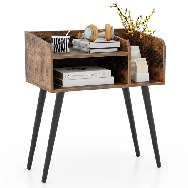 Mid Century Modern Nightstand  with Open Shelves-Brown