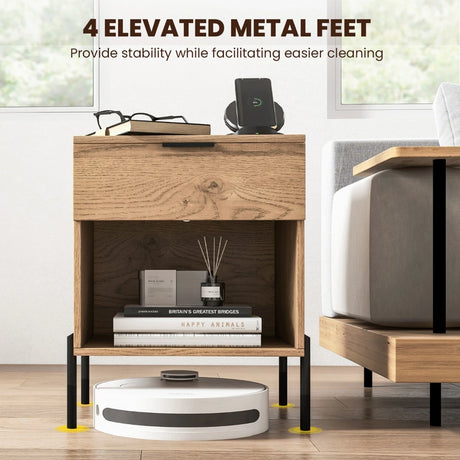 Mid Century Modern Nightstand with Charging Station and Open Compartment-Natural