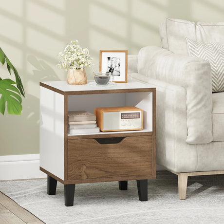 Mid Century Modern Nightstand Set of 2 with Drawer and Open storage Shelf-White