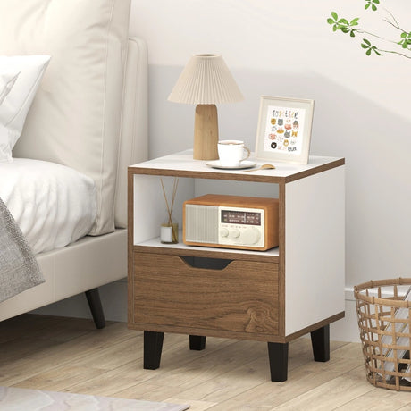 Mid Century Modern Nightstand Set of 2 with Drawer and Open storage Shelf-White