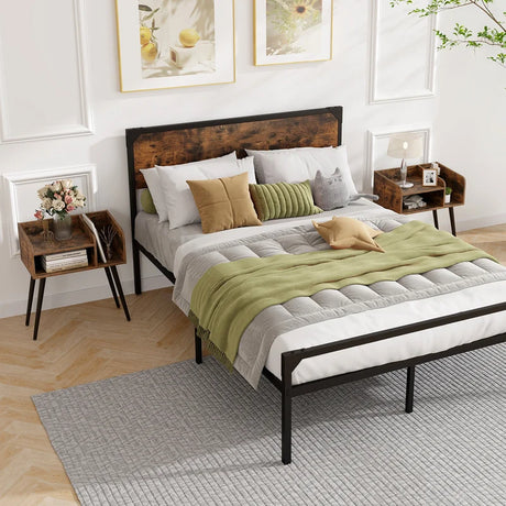 2-Tier Mid Century Modern Nightstand for Living Room Bedroom Set of 2-Rustic Brown