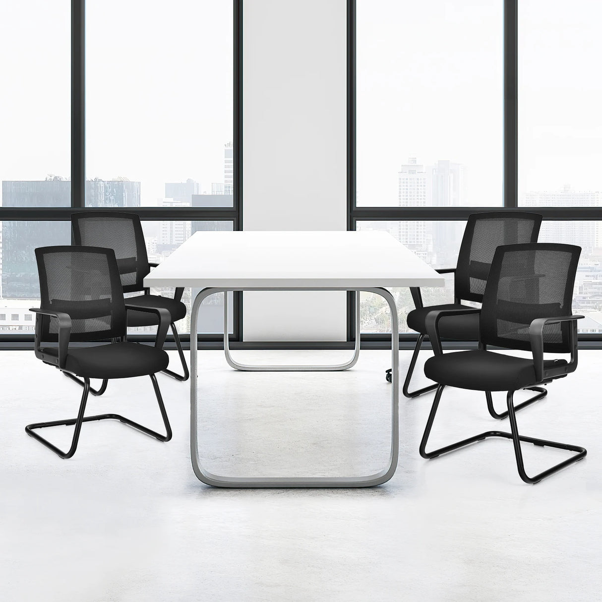 Mid Mesh Back Reception Chair with Adjustable Lumbar Support and Sled Base-Black-2 Pieces