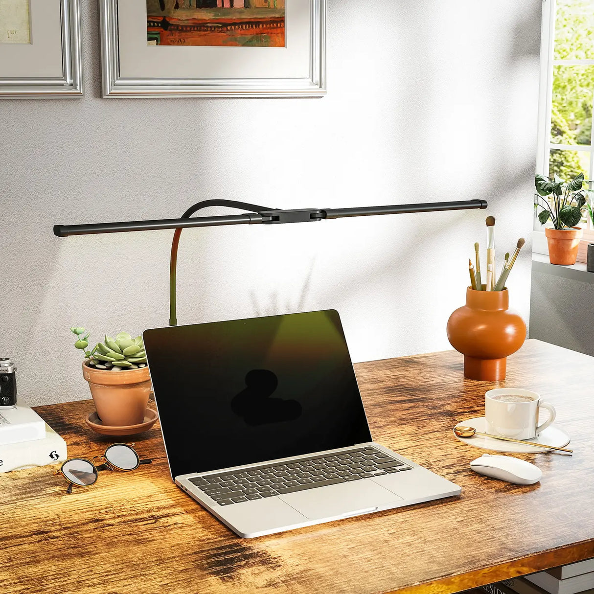 HOMCOM LED Desk Lamp with Clamp, Double Head Table Lamp with 3 Colour Modes & 10 Brightness Levels, Flexible Gooseneck Reading Desk Light with Timer and Memory Function for Study, Office, Work, Black