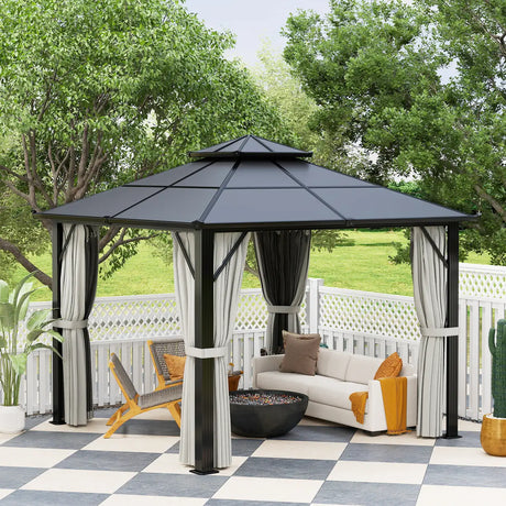 Outsunny 3 x 3(m) Hardtop Gazebo Canopy with UPF30+ Double Polycarbonate Roof, Aluminium Frame Garden Gazebo Permanent Pavilion with Mosquito Netting and Curtains for Patio, Deck, Grey