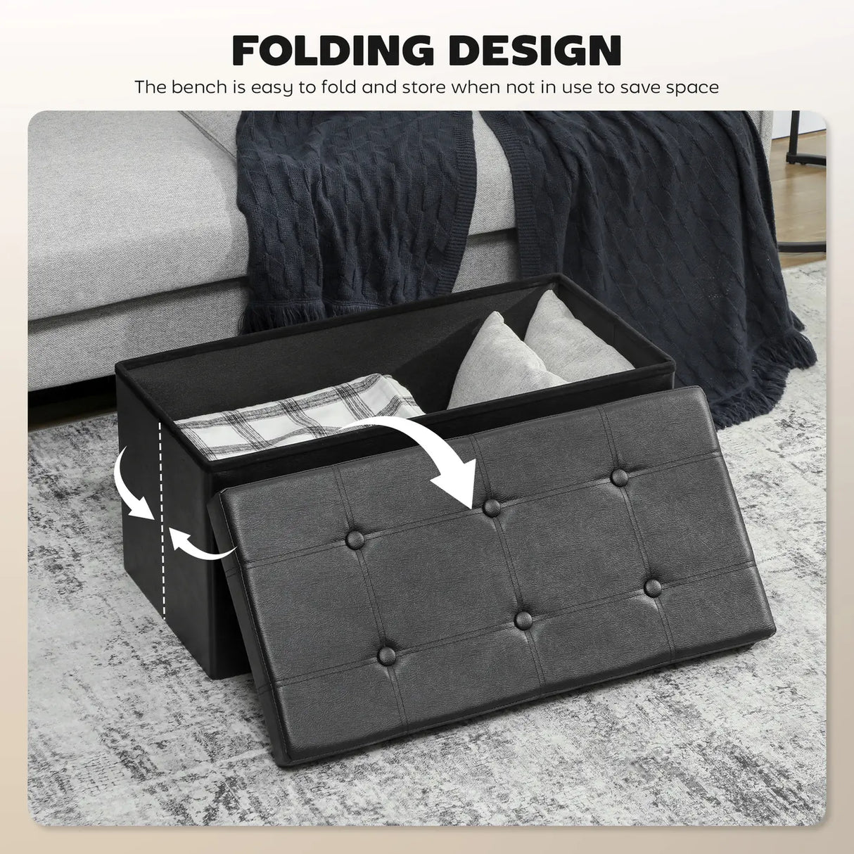 HOMCOM Storage Ottoman Bench, 89L PU Leather Folding Foot Rest Stool, End of Bed Bench, Easy Assembly, for Living Room, Bedroom, Entryway, Black