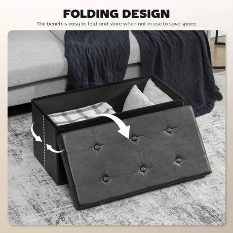 HOMCOM Storage Ottoman Bench, 89L PU Leather Folding Foot Rest Stool, End of Bed Bench, Easy Assembly, for Living Room, Bedroom, Entryway, Black